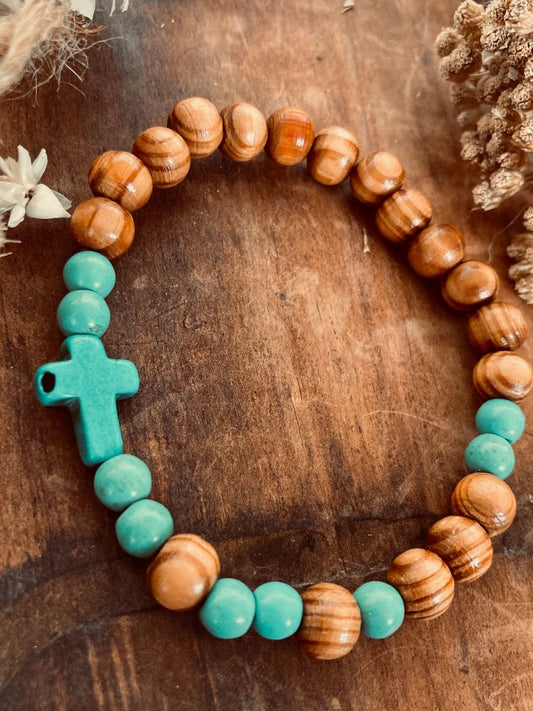Turquoise Cross Wood Beaded Bracelet