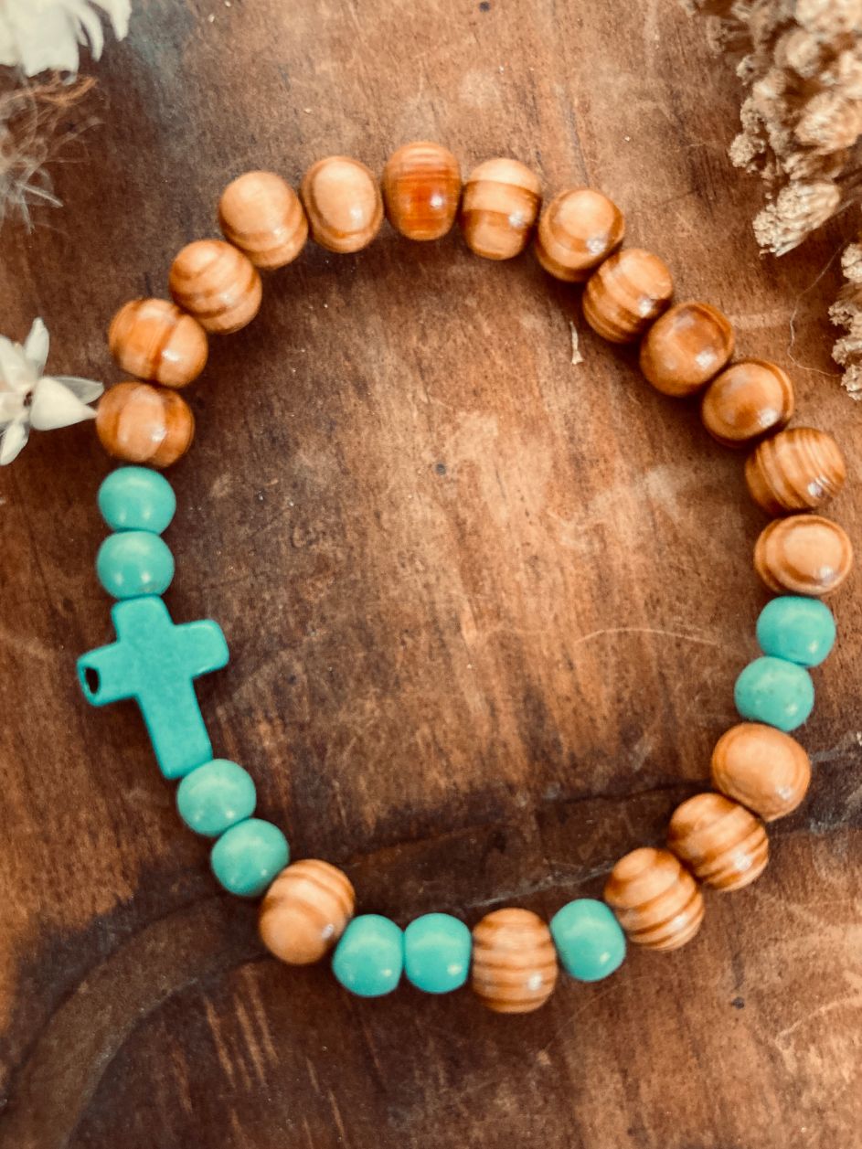 Turquoise Cross Wood Beaded Bracelet