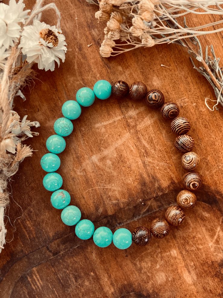 Yin Yang Turquoise Wood Bead Bracelet