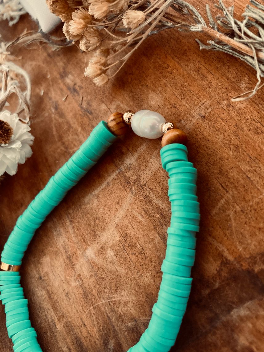 Turquoise and Pearl Beaded Stretch Bracelet
